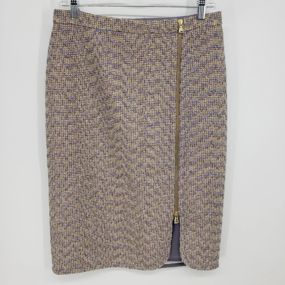 J Crew Metallic Tweed Asymmetric Zip Pencil Skirt Womens 8 Purple Gold NWT E1246